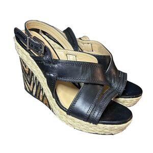 Antonio Melani Espadrille Wedge Sandals Size 7M black leather and jute open toe